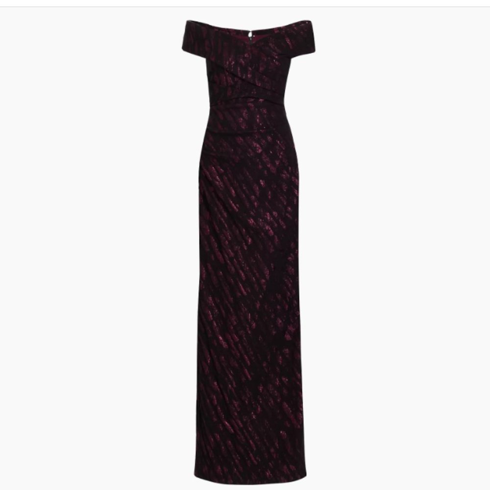 NWT Teri Jon by Rickie Freeman  Off-The-Shoulder Jacquard Column Gown, size 8